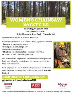 Event flyer with event details and images of the woods and a woman using a chainsaw.