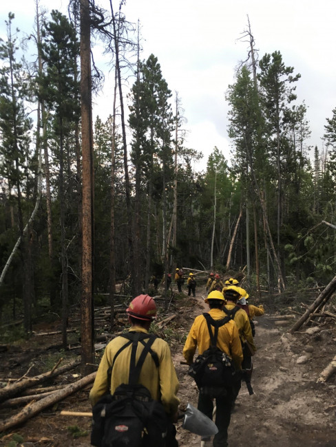 Handcrew prepping for burnout on Tokkewanna Fire in Wyoming, 2016