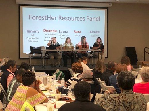 A panel of female natural resource professionals speaks to women attendees at a ForestHer NC workshop in Kinston, NC. 
